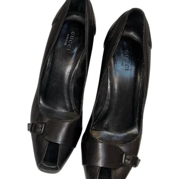 Vintage Gucci Black Leather Peep-Toe Buckle Pumps - Picture 9 of 10